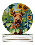 Irish Terrier in Sunflowers Large Sandstone Coasters Pack of 4 Absorbent Round Coasters Decor Gifts for Men or Women, 4 in, Multicolor
