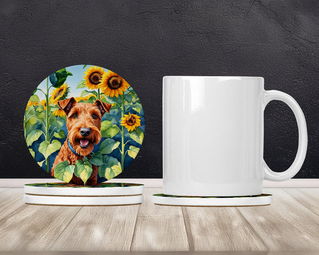 Irish Terrier in Sunflowers Large Sandstone Coasters Pack of 4 Absorbent Round Coasters Decor Gifts for Men or Women, 4 in, Multicolor