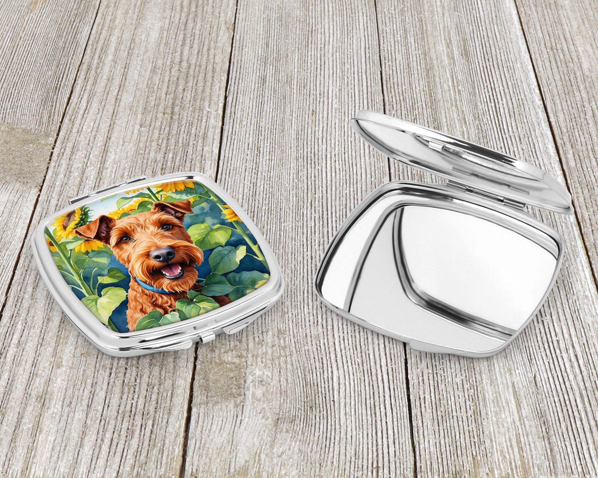 Irish Terrier in Sunflowers Compact Mirror Decorative Travel Makeup Mirror for Women Girls Gifts Pocket Makeup Mirror Folding Handheld
