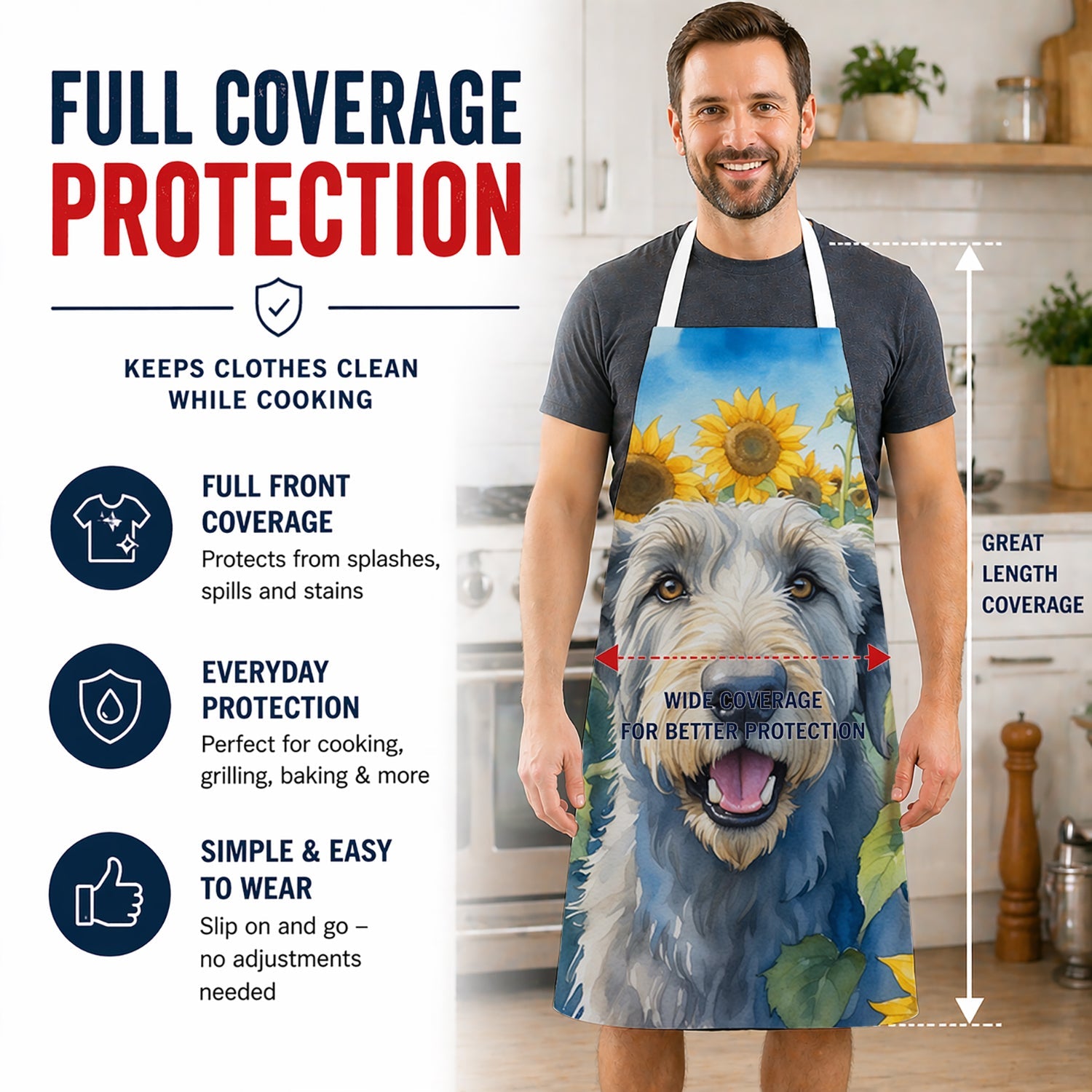 Irish Wolfhound in Sunflowers Apron Cooking Kitchen Server Baking Crafts Gardening for Adult Women Men, Unisex, Large, Multicolor