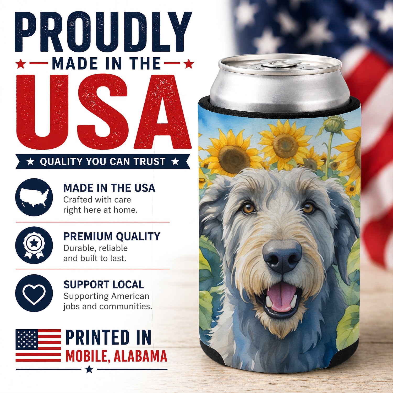 Irish Wolfhound in Sunflowers Can or Bottle Hugger Cooler Sleeve for Standard 12 oz Cans, Insulated Foam Beer & Soda Can Hugger Reusable