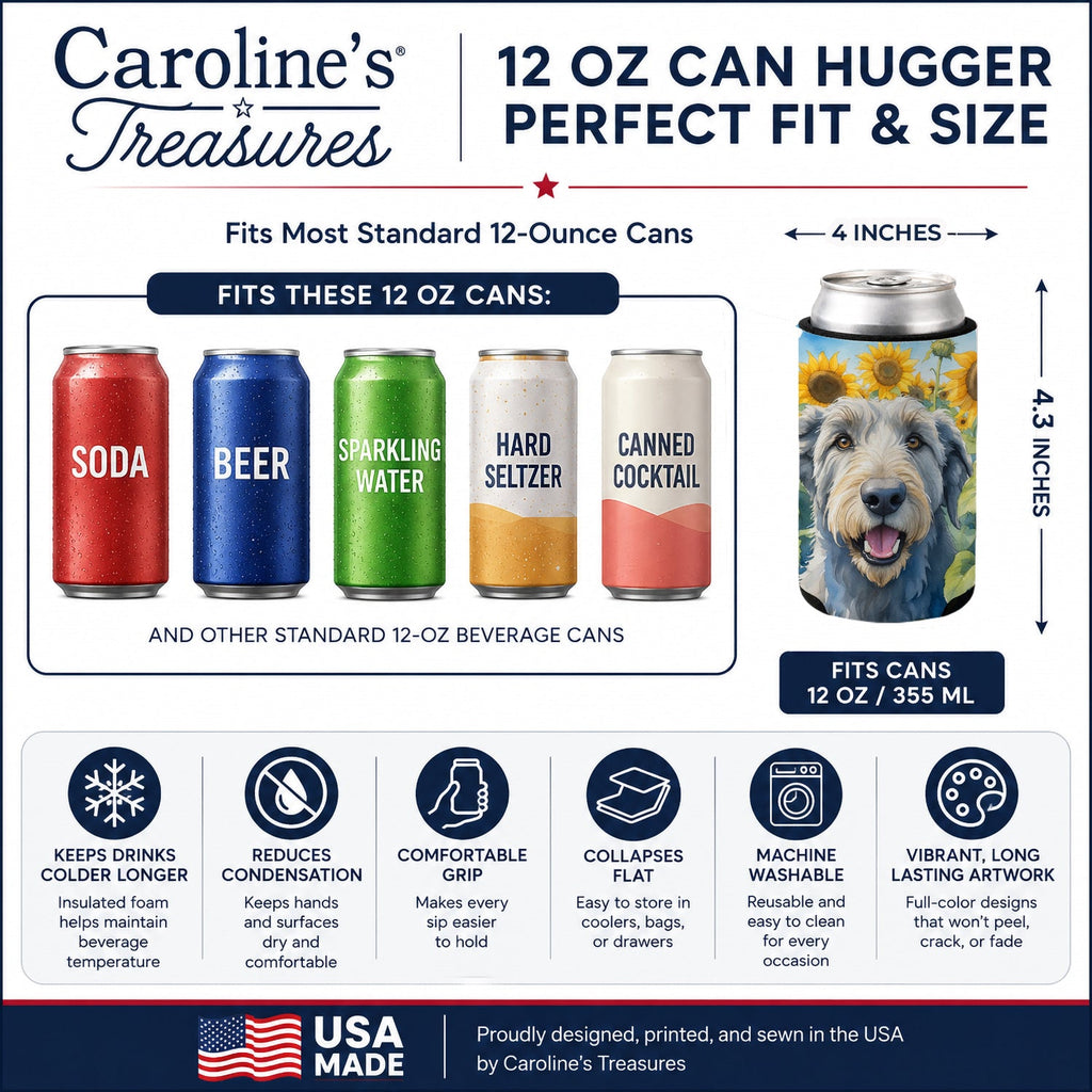 Irish Wolfhound in Sunflowers Can or Bottle Hugger Cooler Sleeve for Standard 12 oz Cans, Insulated Foam Beer & Soda Can Hugger Reusable