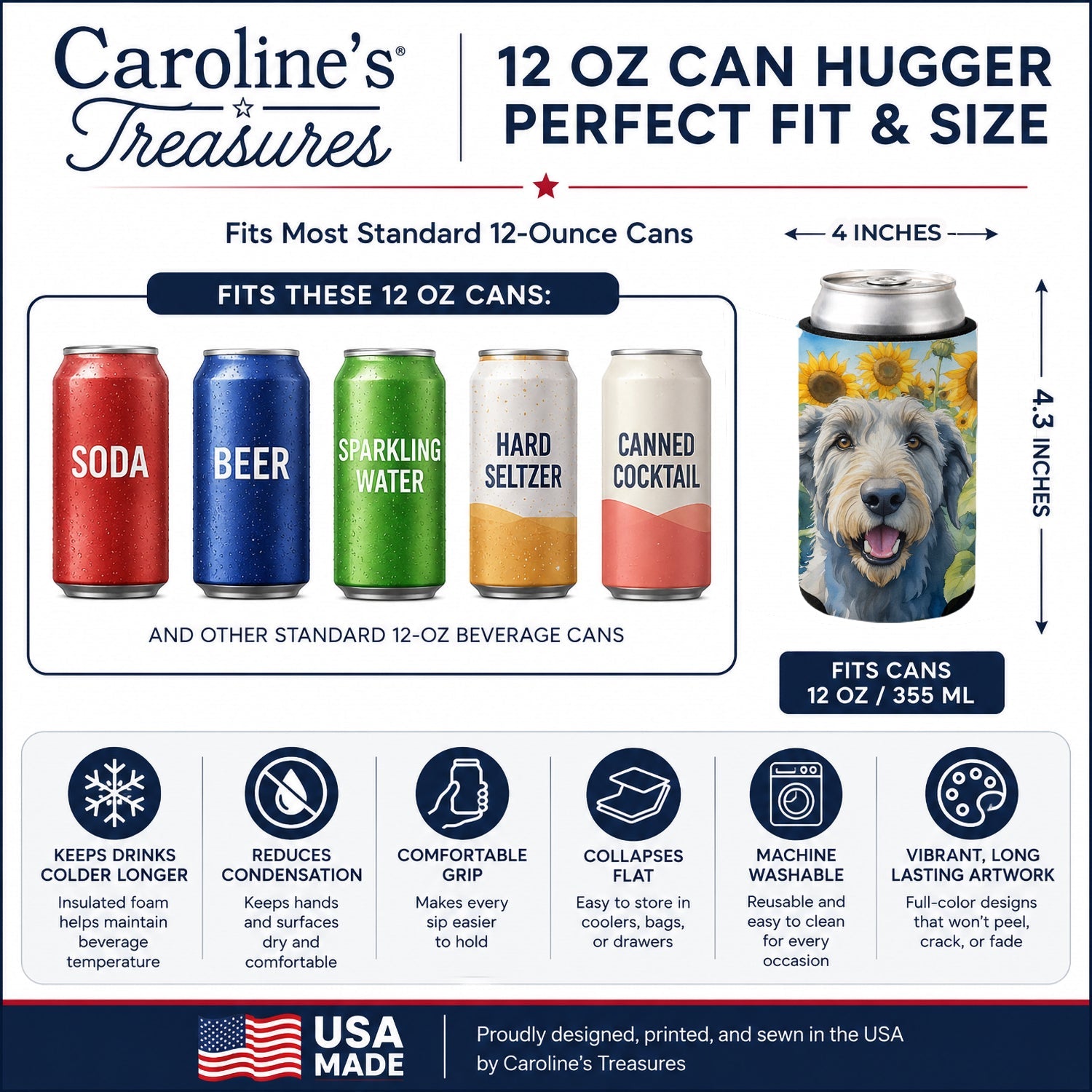 Irish Wolfhound in Sunflowers Can or Bottle Hugger Cooler Sleeve for Standard 12 oz Cans, Insulated Foam Beer & Soda Can Hugger Reusable