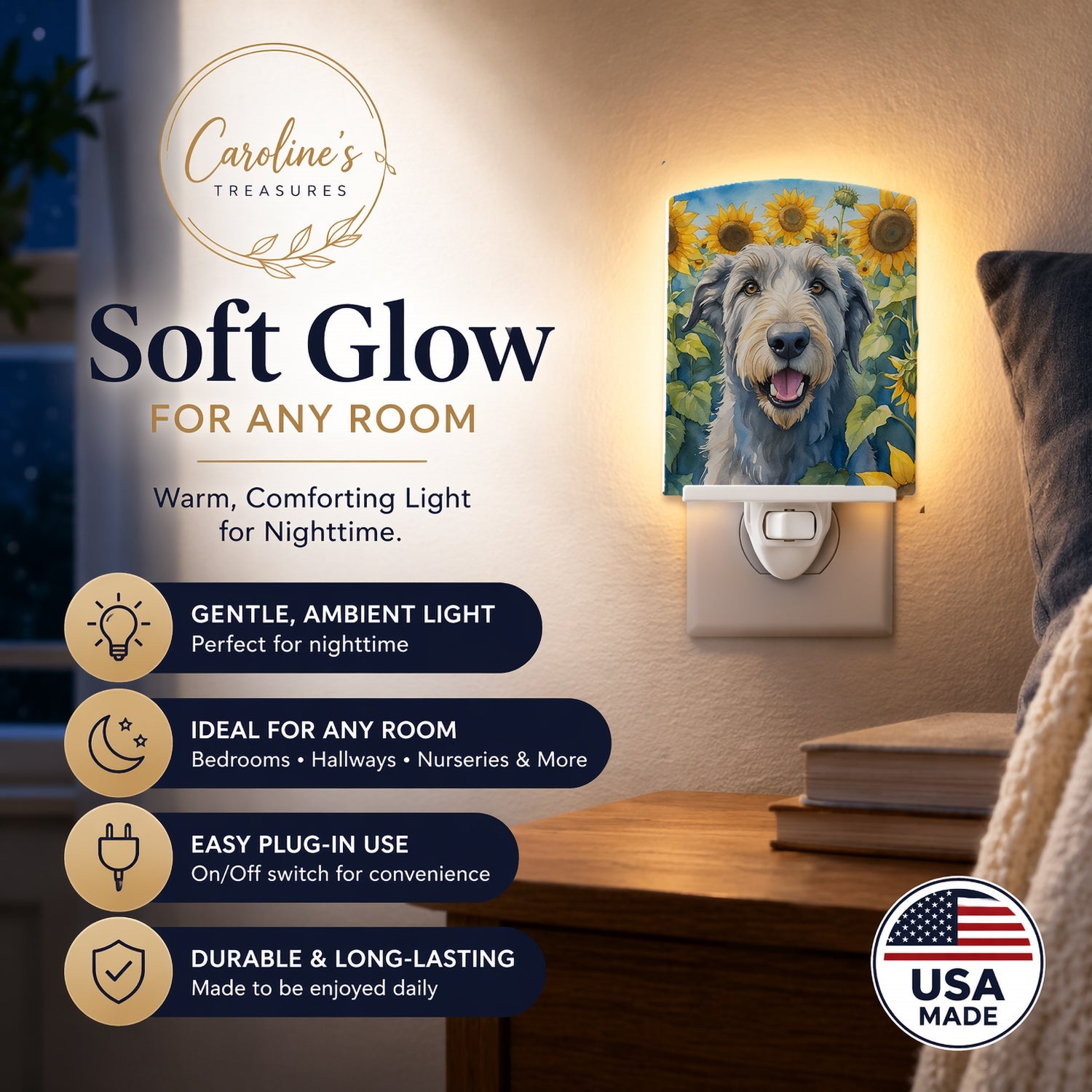 Irish Wolfhound in Sunflowers Ceramic Night Light Compact, UL-Certified, Ideal for Bedroom, Bathroom, Nursery, Hallway, Kitchen, 6x4x3, Multicolor