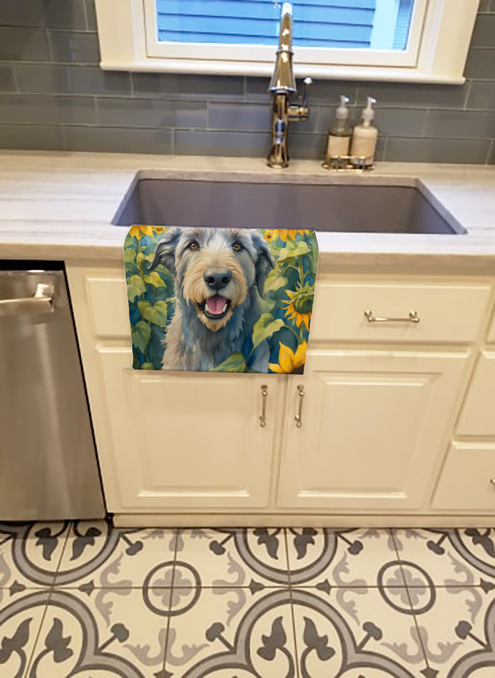 Irish Wolfhound in Sunflowers Kitchen Towel Velour Plush Front and Cotton Loop Back Machine Washable