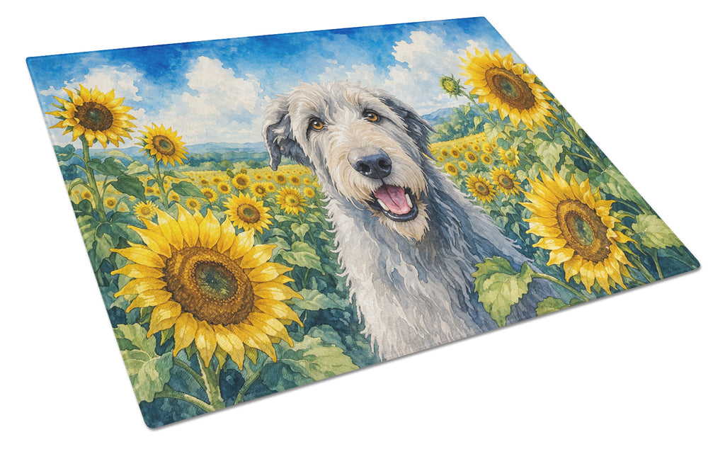 Irish Wolfhound in Sunflowers Cutting Board Tempered Glass Kitchen Cutting Surface, Heat Resistant Chopping Board with Non-Slip Feet, Decorative Food Prep & Serving