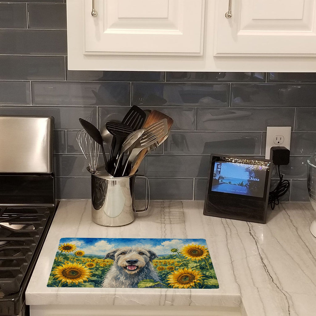 Irish Wolfhound in Sunflowers Cutting Board Tempered Glass Kitchen Cutting Surface, Heat Resistant Chopping Board with Non-Slip Feet, Decorative Food Prep & Serving