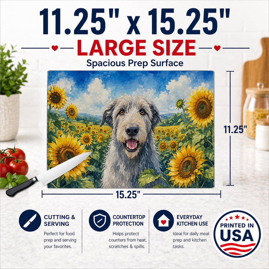 Irish Wolfhound in Sunflowers Cutting Board Tempered Glass Kitchen Cutting Surface, Heat Resistant Chopping Board with Non-Slip Feet, Decorative Food Prep & Serving