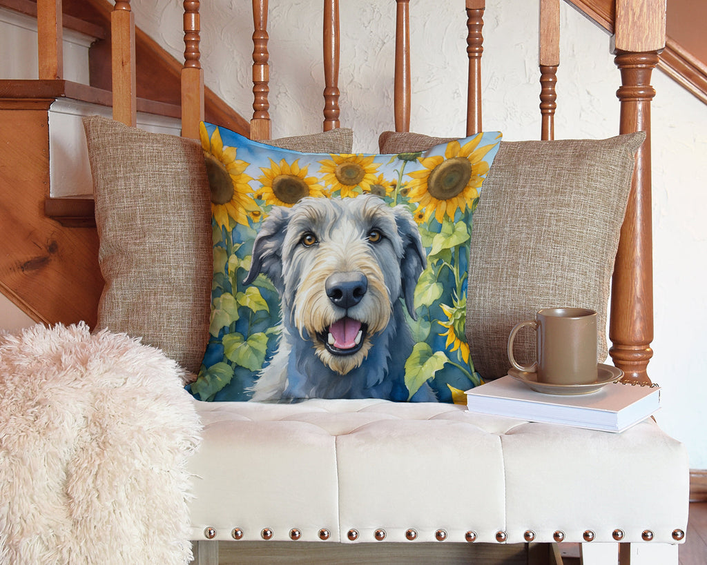 Irish Wolfhound in Sunflowers Decorative Throw Pillow 14x14 Indoor Outdoor Accent Cushion, Fabric Cover with Insert for Sofa, Bed, Porch & Living Room