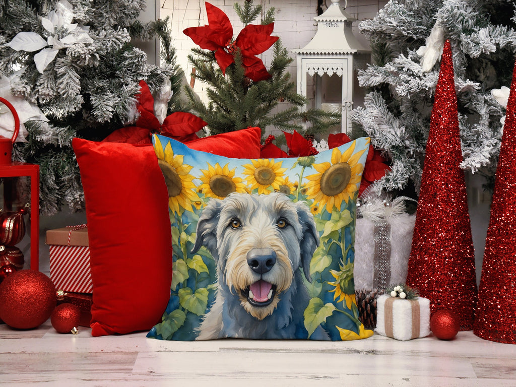 Irish Wolfhound in Sunflowers Decorative Throw Pillow 14x14 Indoor Outdoor Accent Cushion, Fabric Cover with Insert for Sofa, Bed, Porch & Living Room