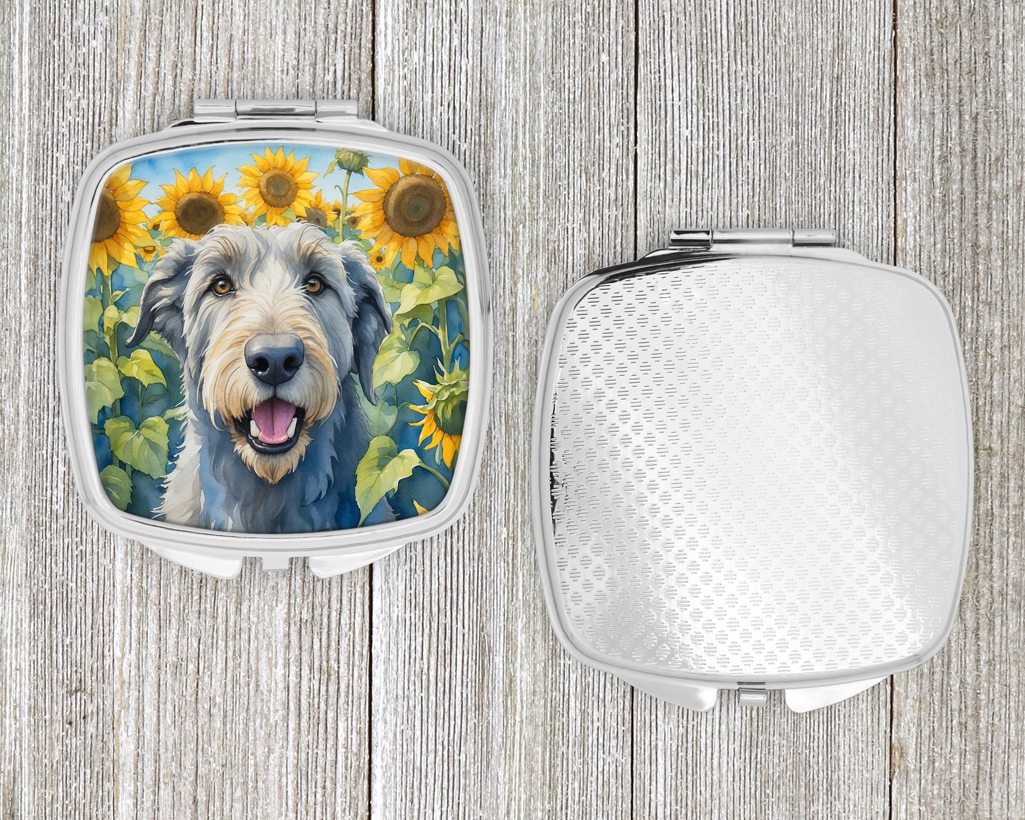 Irish Wolfhound in Sunflowers Compact Mirror Decorative Travel Makeup Mirror for Women Girls Gifts Pocket Makeup Mirror Folding Handheld