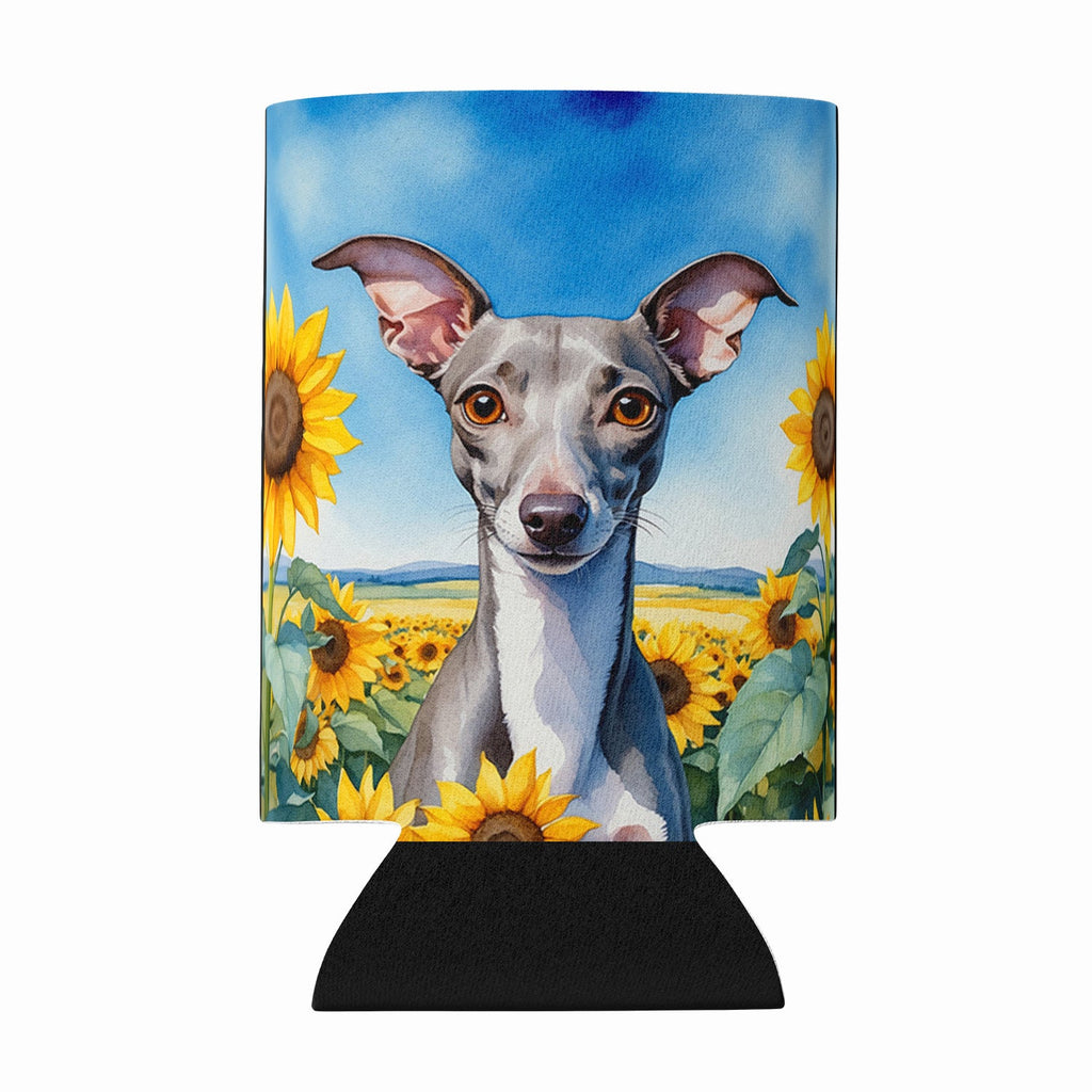 Italian Greyhound in Sunflowers Can or Bottle Hugger Cooler Sleeve for Standard 12 oz Cans, Insulated Foam Beer & Soda Can Hugger Reusable