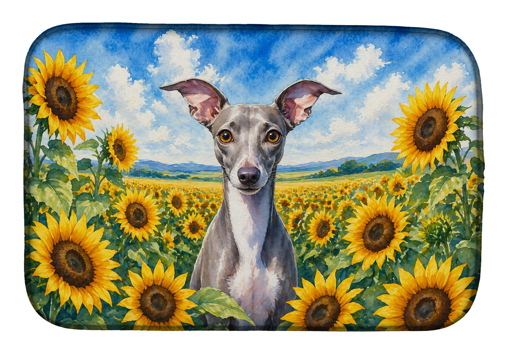 Italian Greyhound in Sunflowers Dish Drying Mat Absorbent Dish Drying Mat Pad for Kitchen Counter Dish Drainer Mat for Countertop, 14 x 21", Multicolor