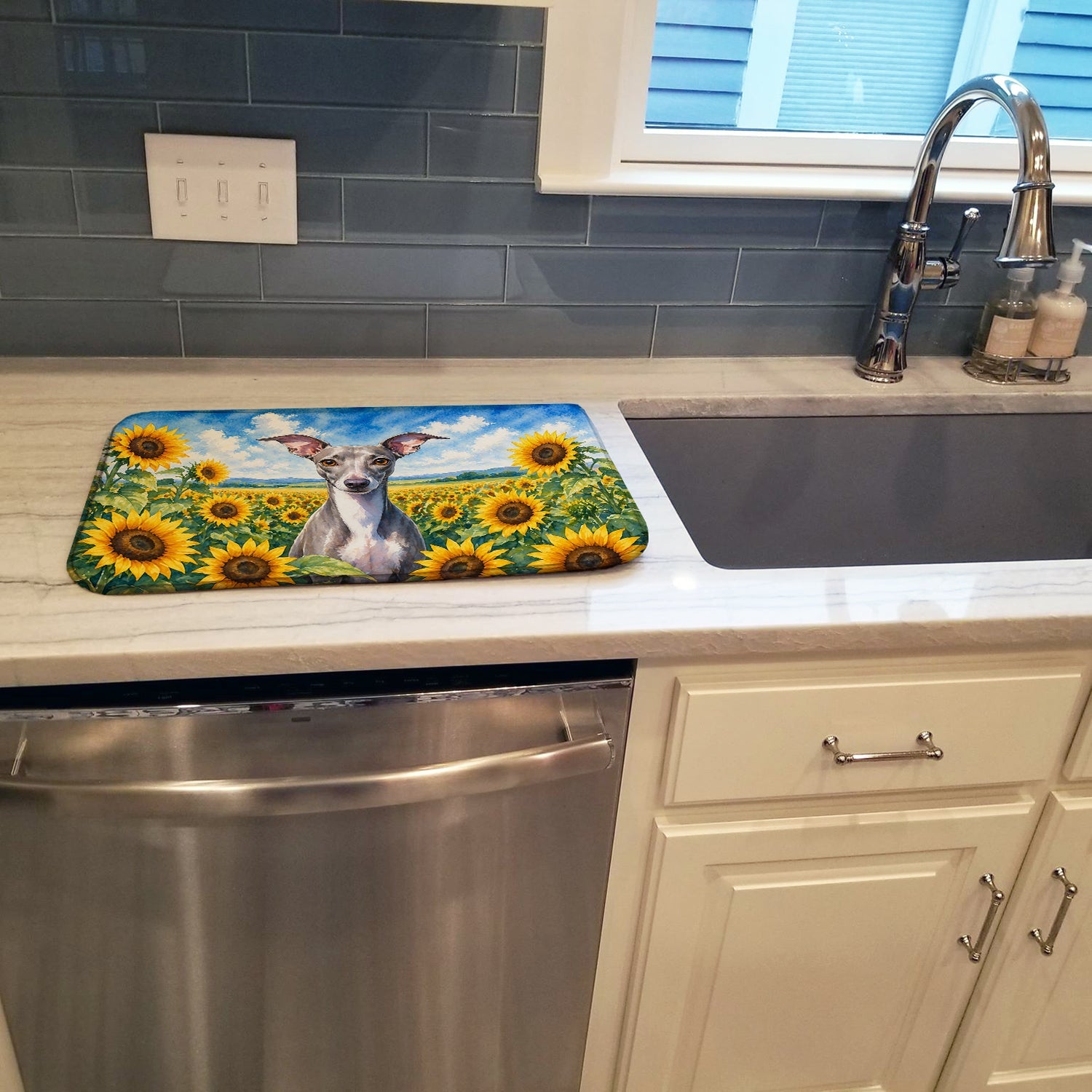 Italian Greyhound in Sunflowers Dish Drying Mat Absorbent Dish Drying Mat Pad for Kitchen Counter Dish Drainer Mat for Countertop, 14 x 21", Multicolor