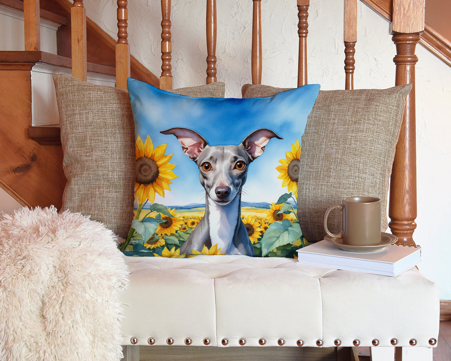 Italian Greyhound in Sunflowers Decorative Throw Pillow 14x14 Indoor Outdoor Accent Cushion, Fabric Cover with Insert for Sofa, Bed, Porch & Living Room