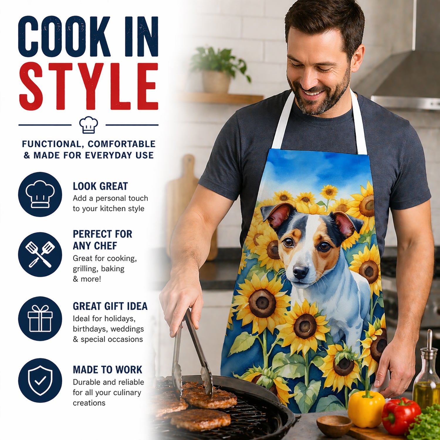 Jack Russell Terrier in Sunflowers Apron Cooking Kitchen Server Baking Crafts Gardening for Adult Women Men, Unisex, Large, Multicolor
