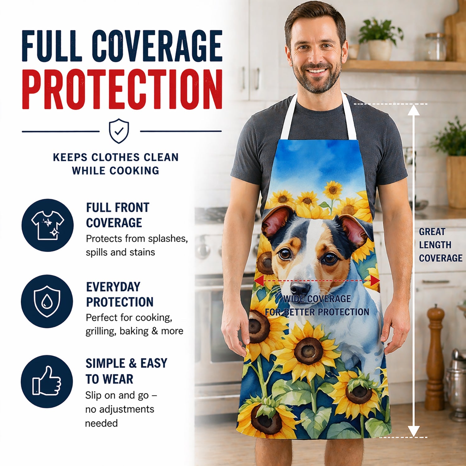 Jack Russell Terrier in Sunflowers Apron Cooking Kitchen Server Baking Crafts Gardening for Adult Women Men, Unisex, Large, Multicolor