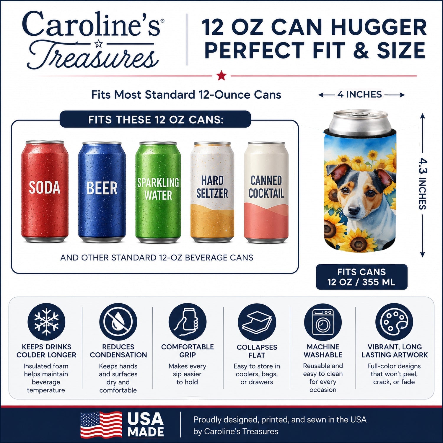 Jack Russell Terrier in Sunflowers Can or Bottle Hugger Cooler Sleeve for Standard 12 oz Cans, Insulated Foam Beer & Soda Can Hugger Reusable