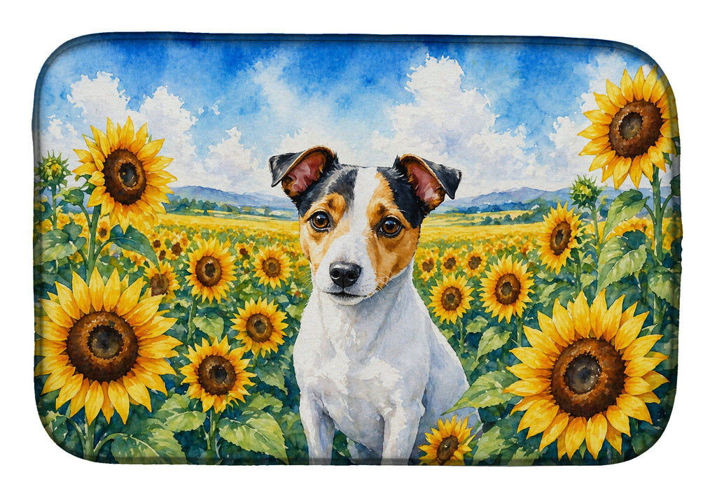 Jack Russell Terrier in Sunflowers Dish Drying Mat Absorbent Dish Drying Mat Pad for Kitchen Counter Dish Drainer Mat for Countertop, 14 x 21", Multicolor