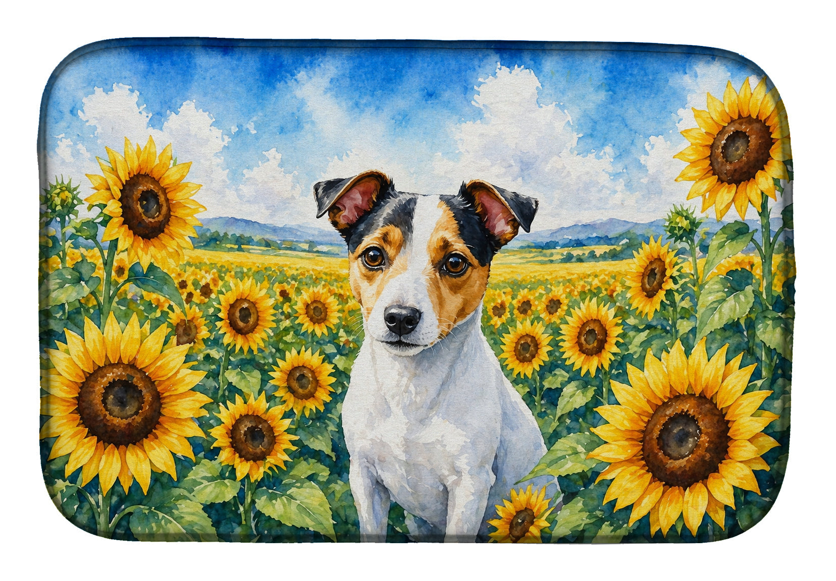 Jack Russell Terrier in Sunflowers Dish Drying Mat Absorbent Dish Drying Mat Pad for Kitchen Counter Dish Drainer Mat for Countertop, 14 x 21", Multicolor