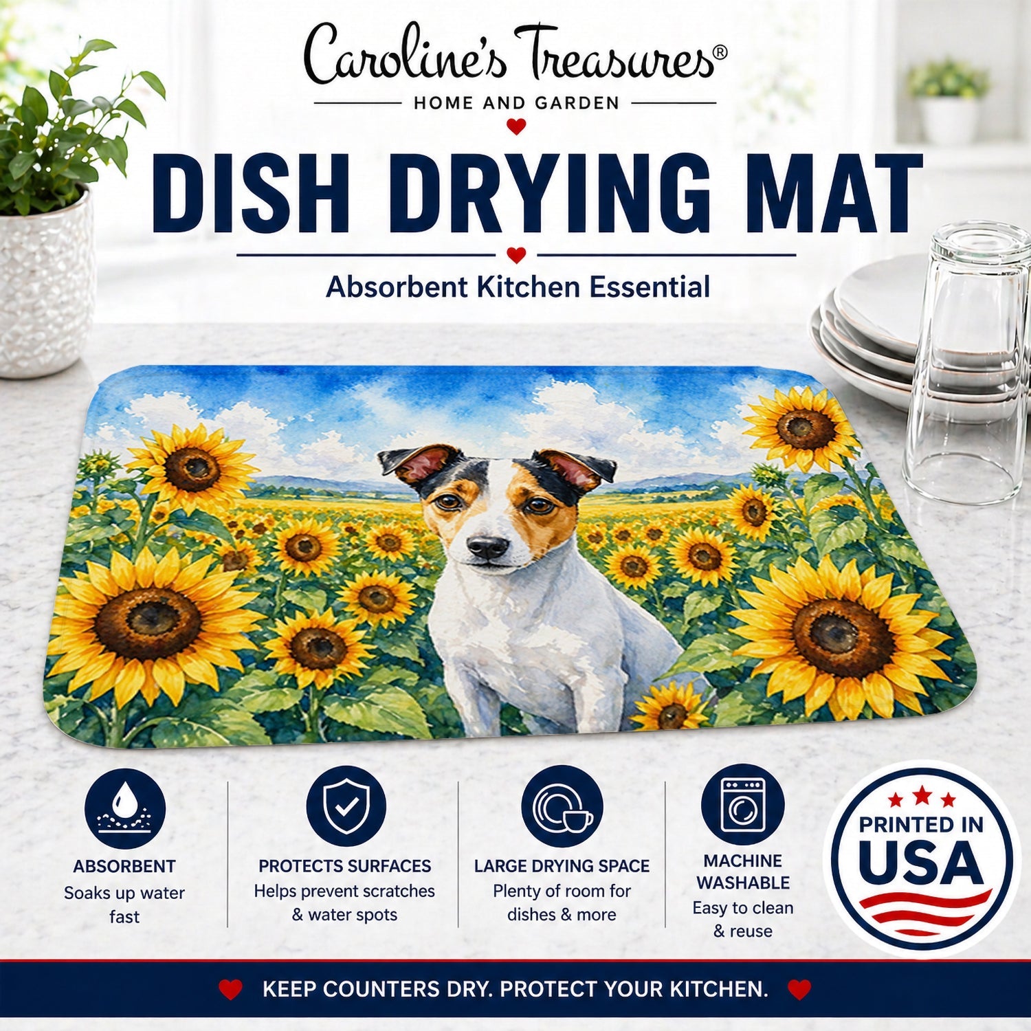 Jack Russell Terrier in Sunflowers Dish Drying Mat Absorbent Dish Drying Mat Pad for Kitchen Counter Dish Drainer Mat for Countertop, 14 x 21", Multicolor