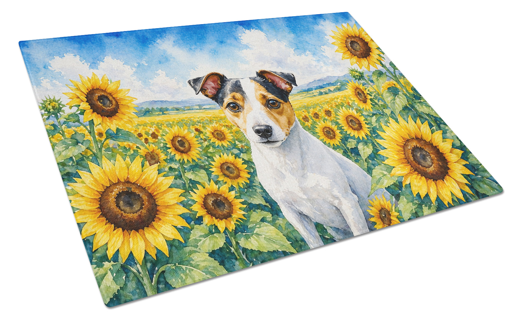 Jack Russell Terrier in Sunflowers Cutting Board Tempered Glass Kitchen Cutting Surface, Heat Resistant Chopping Board with Non-Slip Feet, Decorative Food Prep & Serving