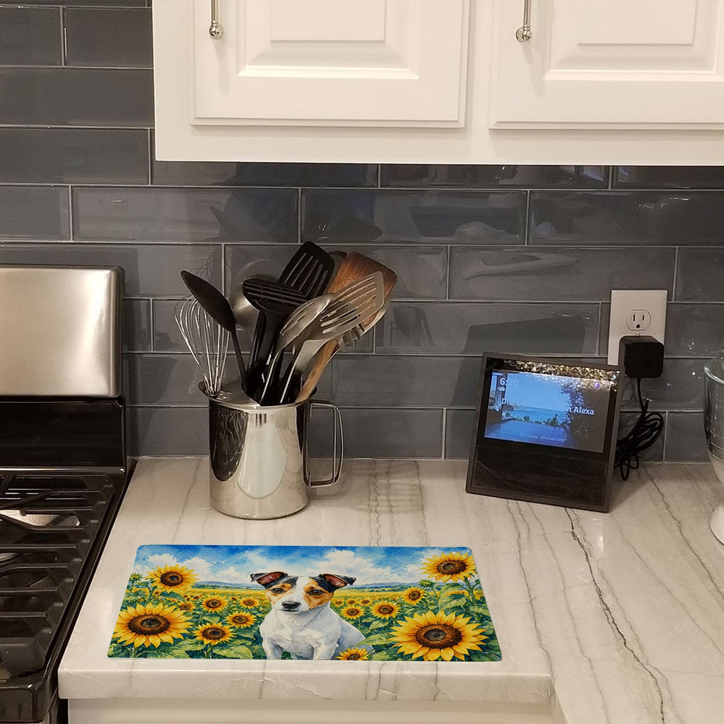 Jack Russell Terrier in Sunflowers Cutting Board Tempered Glass Kitchen Cutting Surface, Heat Resistant Chopping Board with Non-Slip Feet, Decorative Food Prep & Serving