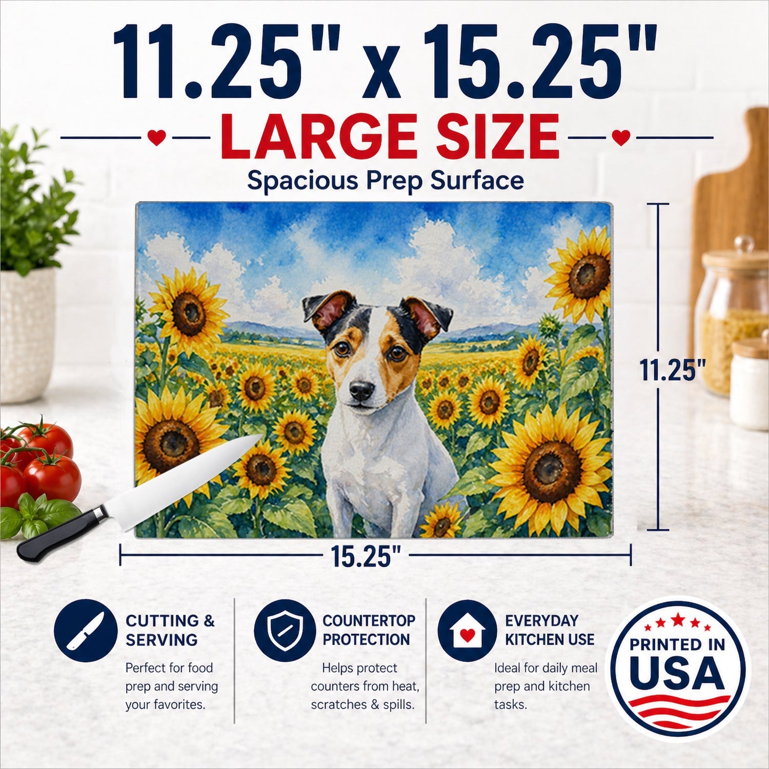 Jack Russell Terrier in Sunflowers Cutting Board Tempered Glass Kitchen Cutting Surface, Heat Resistant Chopping Board with Non-Slip Feet, Decorative Food Prep & Serving