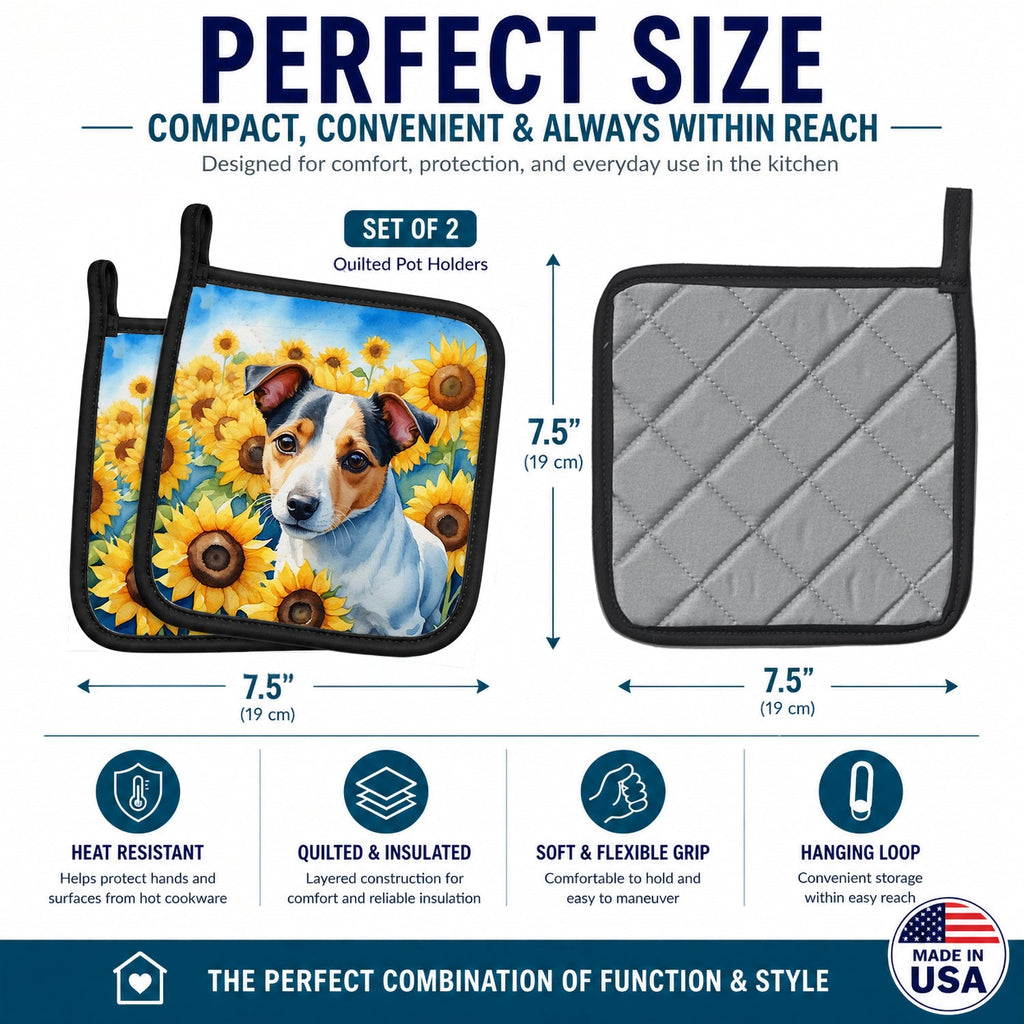 Jack Russell Terrier in Sunflowers Pot Holder Set of 2 Heat Resistant Quilted Hot Pads 7.5 x 7.5 Inch, Insulated Kitchen Trivets for Cooking & Baking