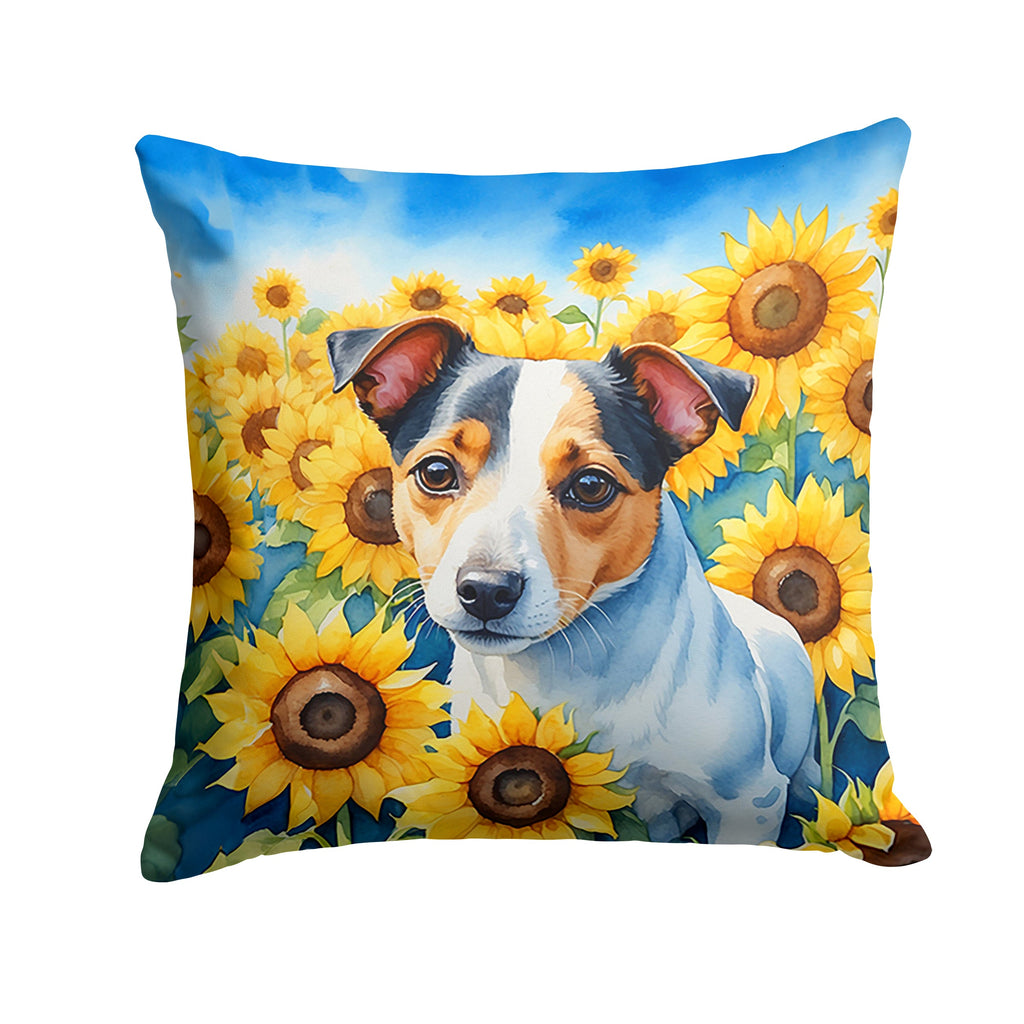 Jack Russell Terrier in Sunflowers Decorative Throw Pillow 14x14 Indoor Outdoor Accent Cushion, Fabric Cover with Insert for Sofa, Bed, Porch & Living Room