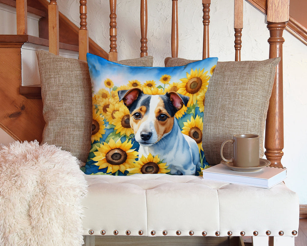 Jack Russell Terrier in Sunflowers Decorative Throw Pillow 14x14 Indoor Outdoor Accent Cushion, Fabric Cover with Insert for Sofa, Bed, Porch & Living Room
