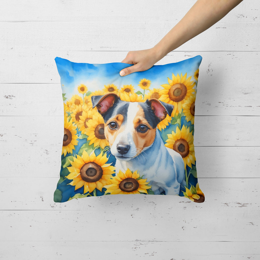 Jack Russell Terrier in Sunflowers Decorative Throw Pillow 18x18 Indoor Outdoor Accent Cushion, Fabric Cover with Insert for Sofa, Bed, Porch & Living Room