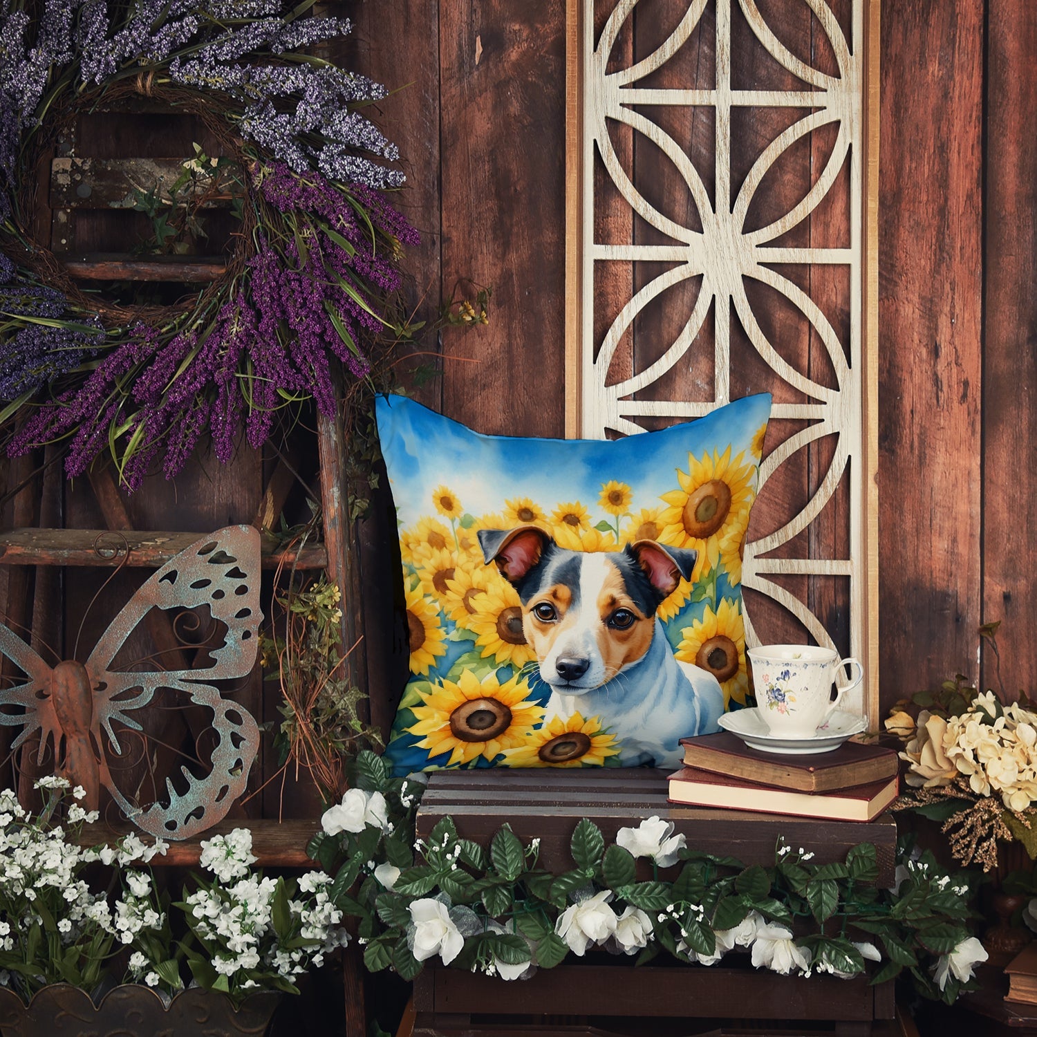Jack Russell Terrier in Sunflowers Decorative Throw Pillow 18x18 Indoor Outdoor Accent Cushion, Fabric Cover with Insert for Sofa, Bed, Porch & Living Room