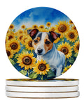 Jack Russell Terrier in Sunflowers Large Sandstone Coasters Pack of 4 Absorbent Round Coasters Decor Gifts for Men or Women, 4 in, Multicolor
