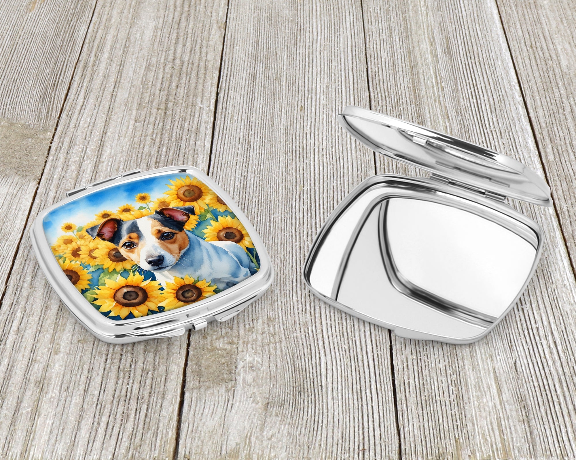 Jack Russell Terrier in Sunflowers Compact Mirror Decorative Travel Makeup Mirror for Women Girls Gifts Pocket Makeup Mirror Folding Handheld