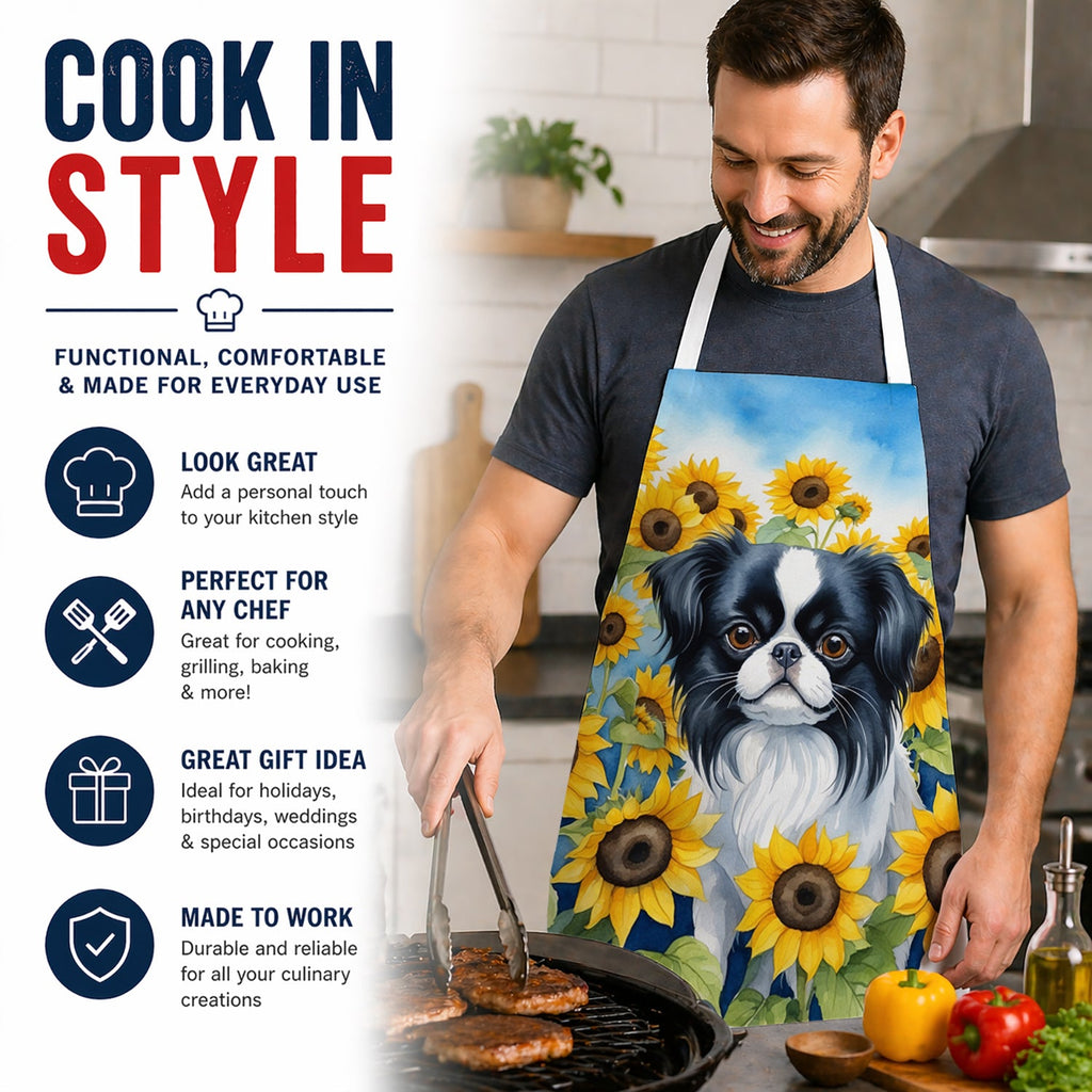 Japanese Chin in Sunflowers Apron Cooking Kitchen Server Baking Crafts Gardening for Adult Women Men, Unisex, Large, Multicolor