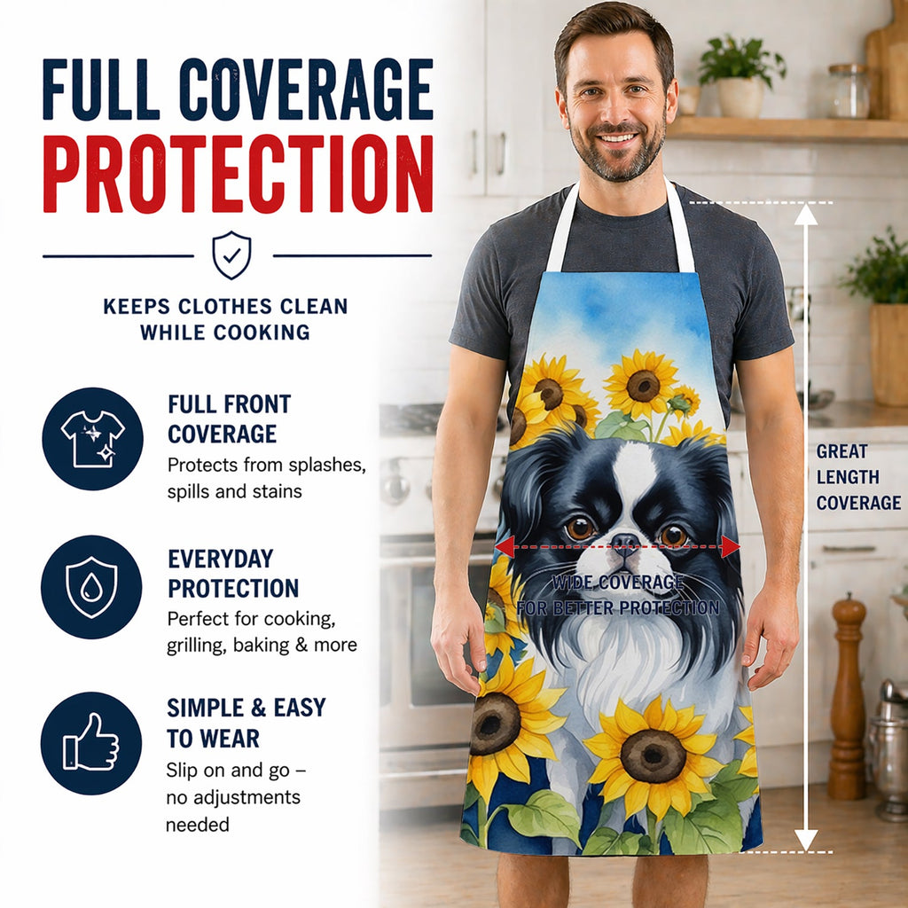Japanese Chin in Sunflowers Apron Cooking Kitchen Server Baking Crafts Gardening for Adult Women Men, Unisex, Large, Multicolor