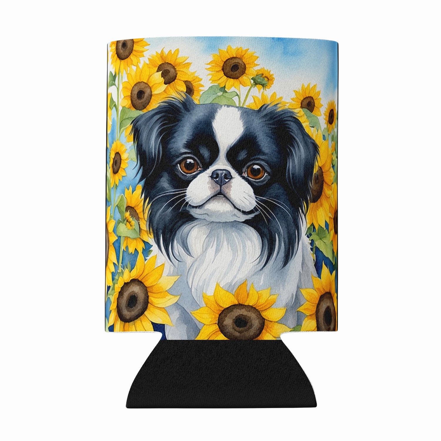 Japanese Chin in Sunflowers Can or Bottle Hugger Cooler Sleeve for Standard 12 oz Cans, Insulated Foam Beer & Soda Can Hugger Reusable