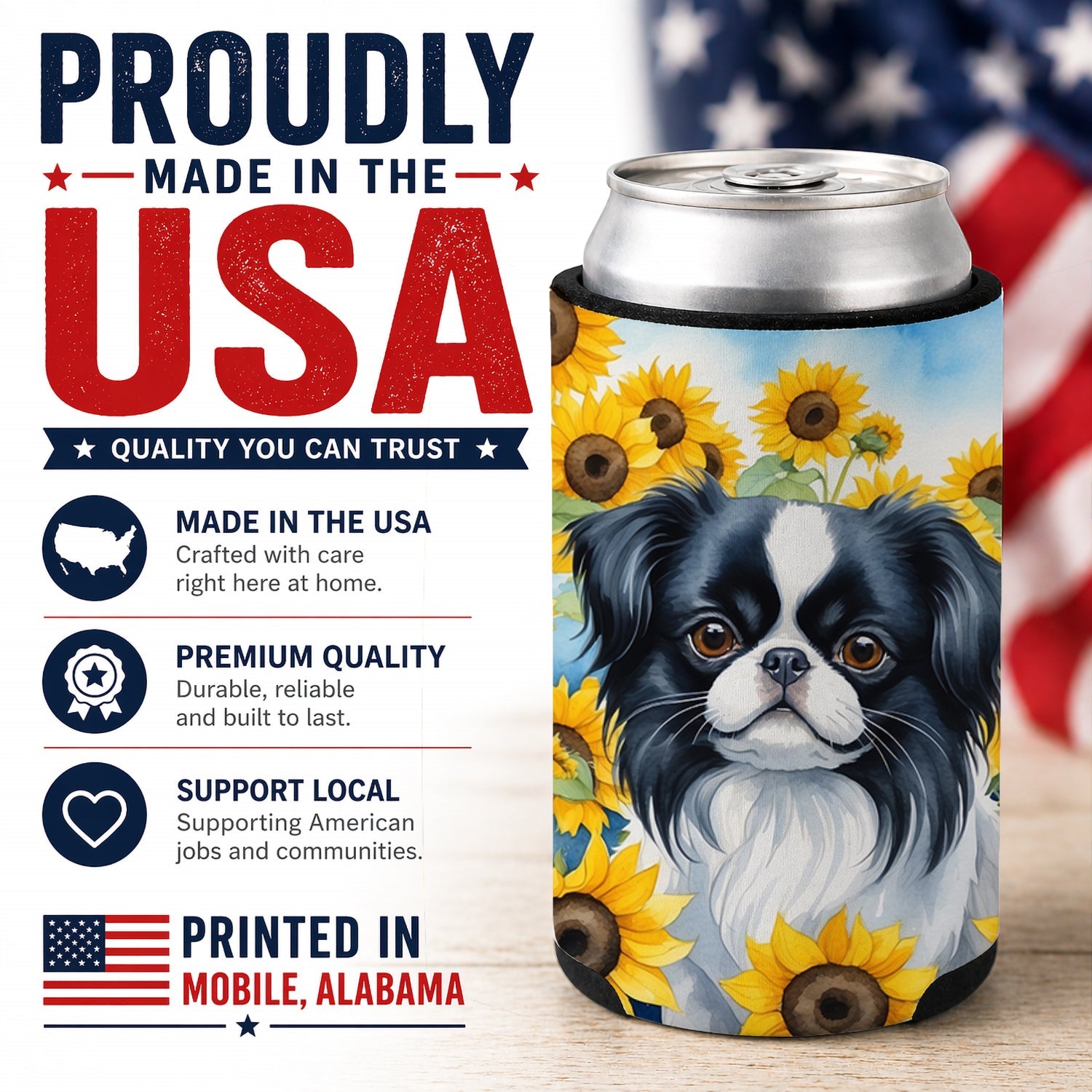 Japanese Chin in Sunflowers Can or Bottle Hugger Cooler Sleeve for Standard 12 oz Cans, Insulated Foam Beer & Soda Can Hugger Reusable