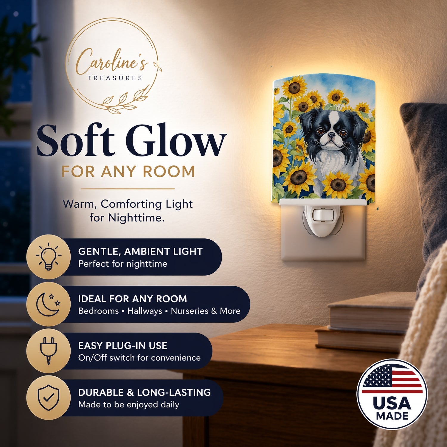 Japanese Chin in Sunflowers Ceramic Night Light Compact, UL-Certified, Ideal for Bedroom, Bathroom, Nursery, Hallway, Kitchen, 6x4x3, Multicolor