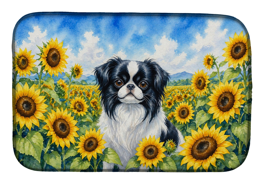 Japanese Chin in Sunflowers Dish Drying Mat Absorbent Dish Drying Mat Pad for Kitchen Counter Dish Drainer Mat for Countertop, 14 x 21", Multicolor