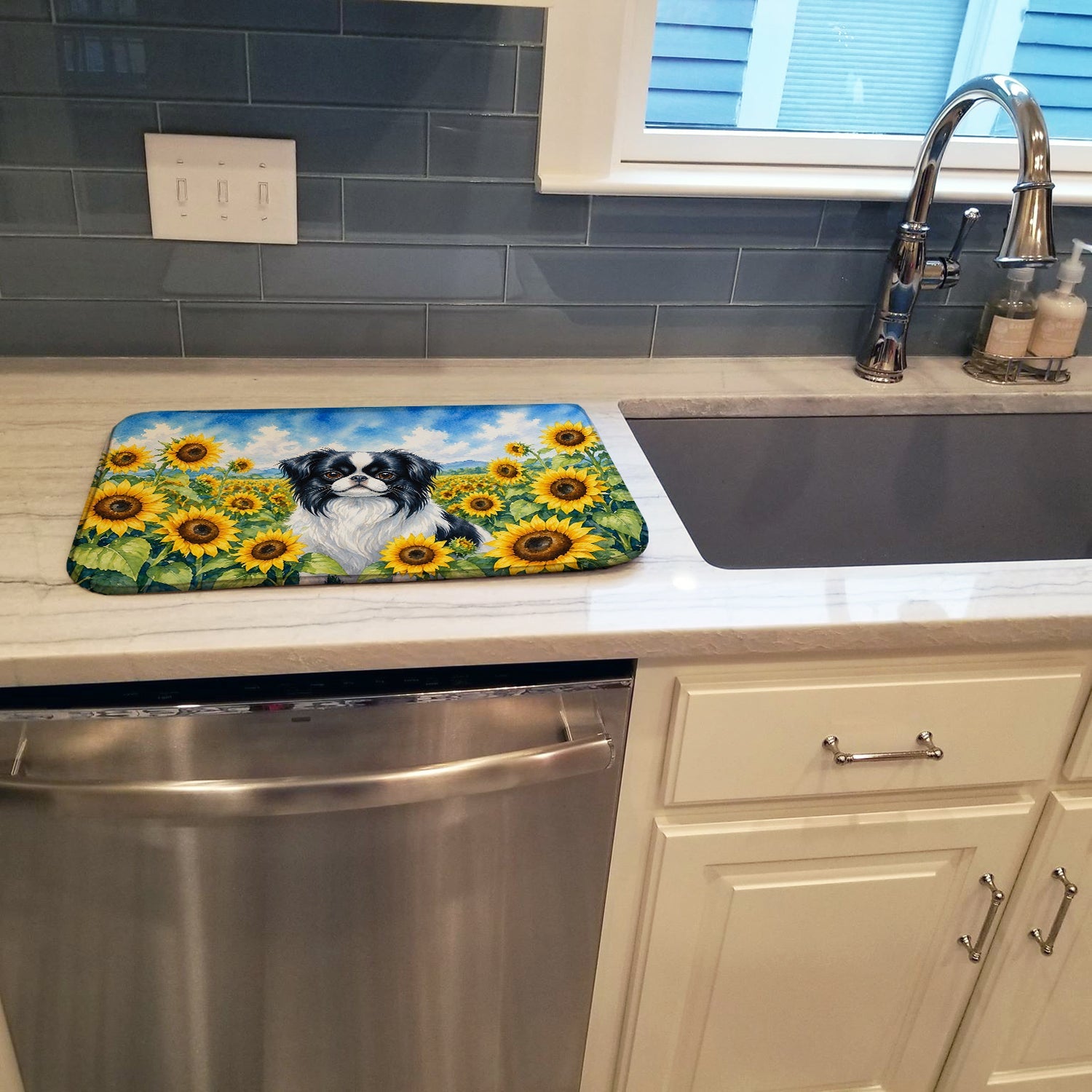 Japanese Chin in Sunflowers Dish Drying Mat Absorbent Dish Drying Mat Pad for Kitchen Counter Dish Drainer Mat for Countertop, 14 x 21", Multicolor