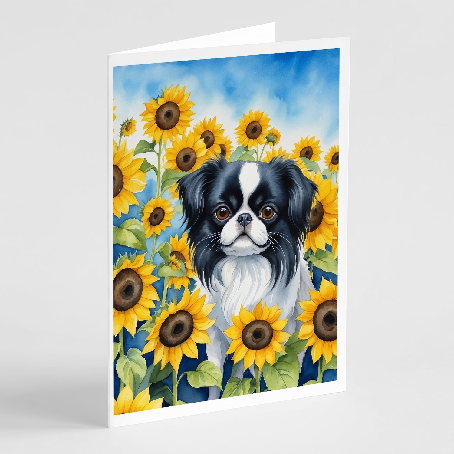 Japanese Chin in Sunflowers Greeting Cards Pack of 8 Blank Cards with Envelopes Whimsical A7 Size 5x7