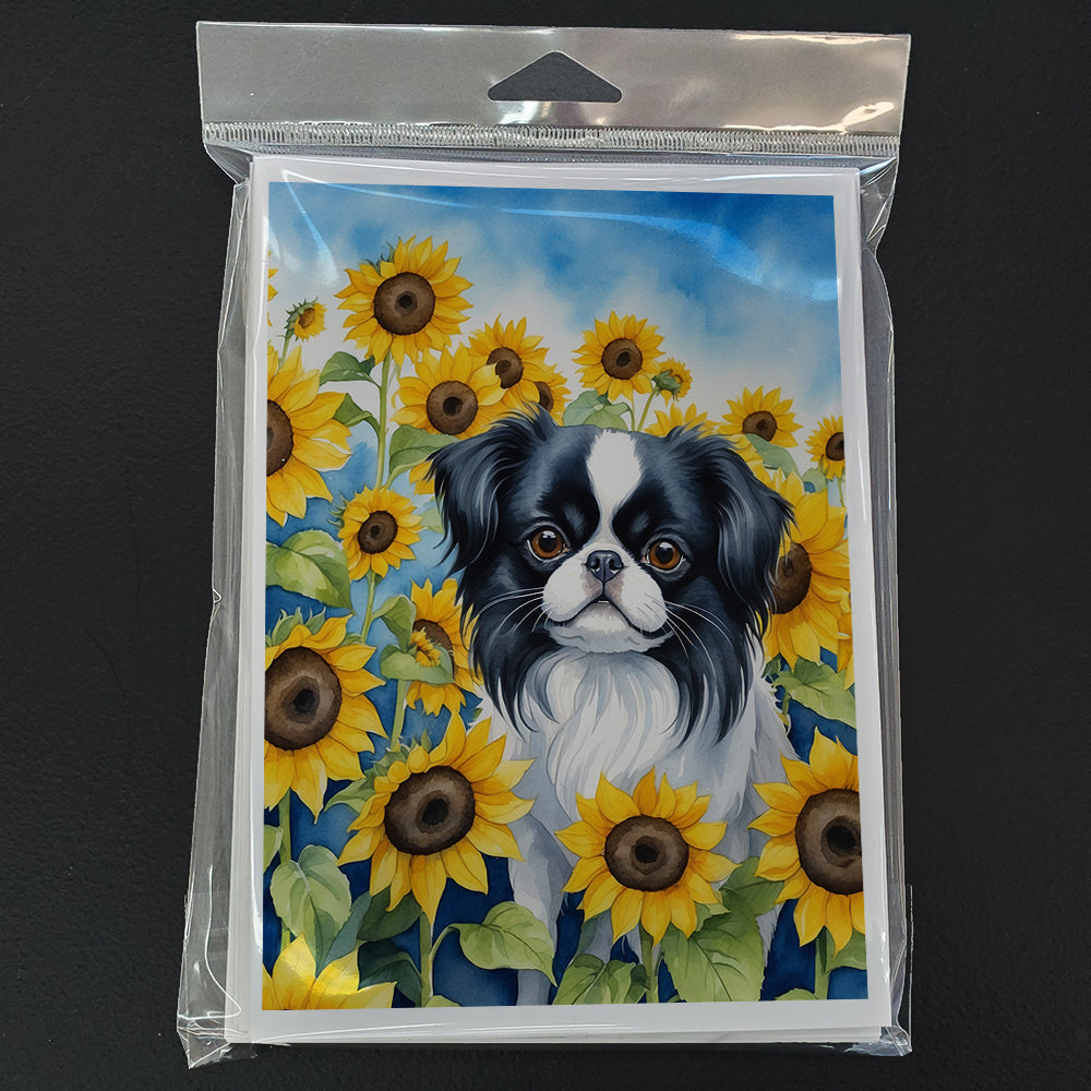Japanese Chin in Sunflowers Greeting Cards Pack of 8 Blank Cards with Envelopes Whimsical A7 Size 5x7