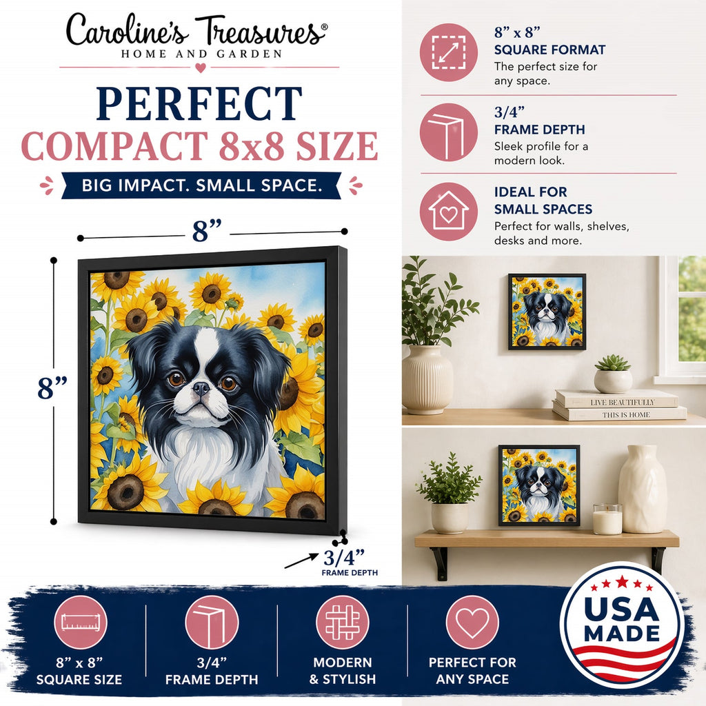 Japanese Chin in Sunflowers Framed Metal Print Bathroom, Kitchen, Office, Home Decor Wall Art Ready to Hang, Square, 8X8