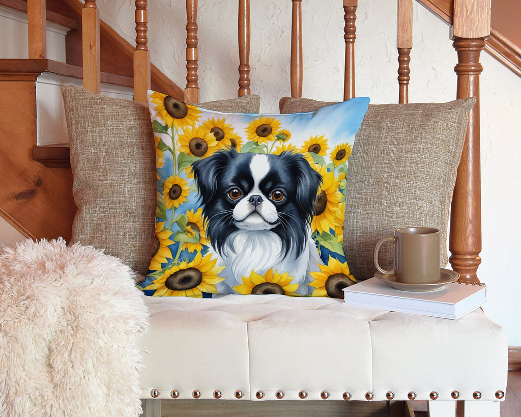 Japanese Chin in Sunflowers Decorative Throw Pillow 14x14 Indoor Outdoor Accent Cushion, Fabric Cover with Insert for Sofa, Bed, Porch & Living Room