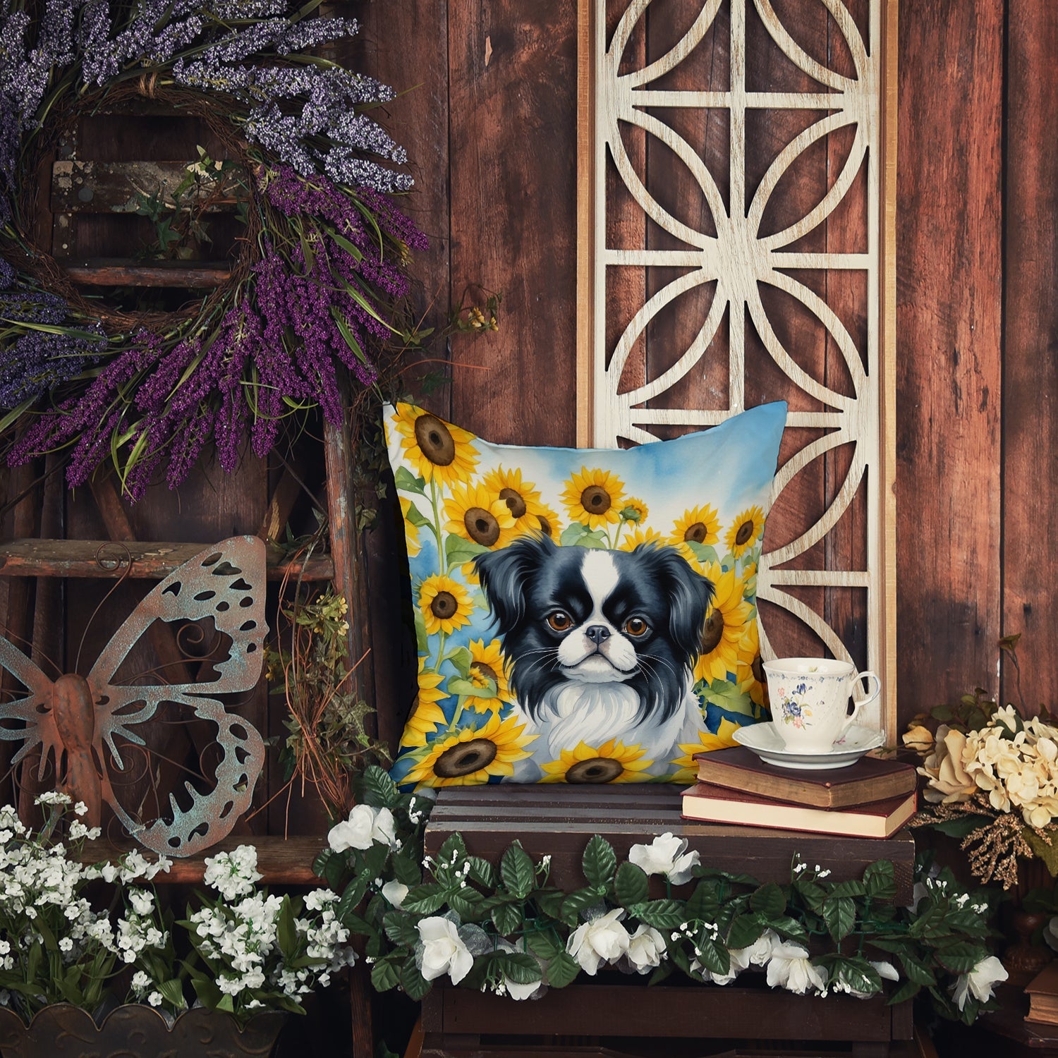 Japanese Chin in Sunflowers Decorative Throw Pillow 18x18 Indoor Outdoor Accent Cushion, Fabric Cover with Insert for Sofa, Bed, Porch & Living Room