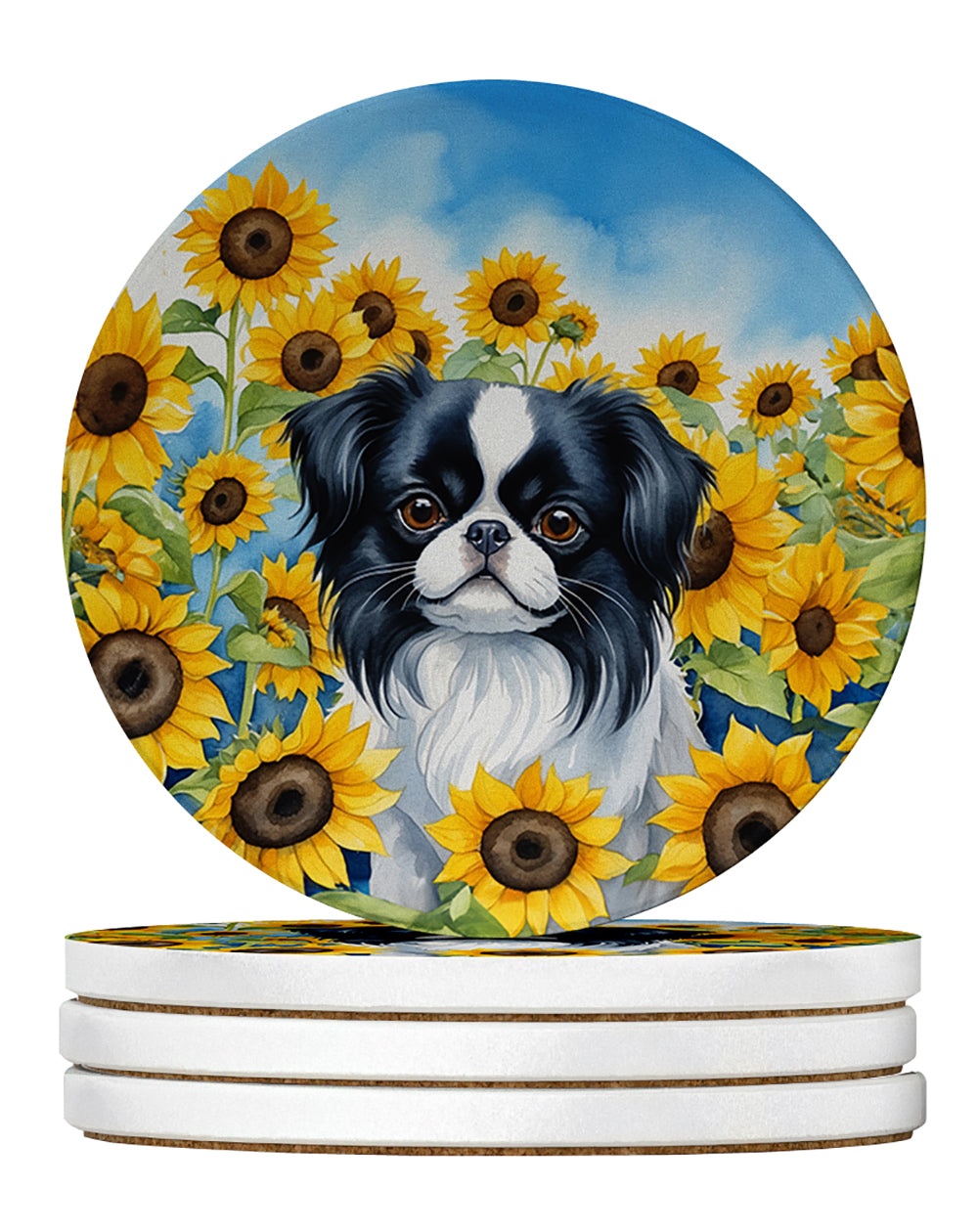 Japanese Chin in Sunflowers Large Sandstone Coasters Pack of 4 Absorbent Round Coasters Decor Gifts for Men or Women, 4 in, Multicolor