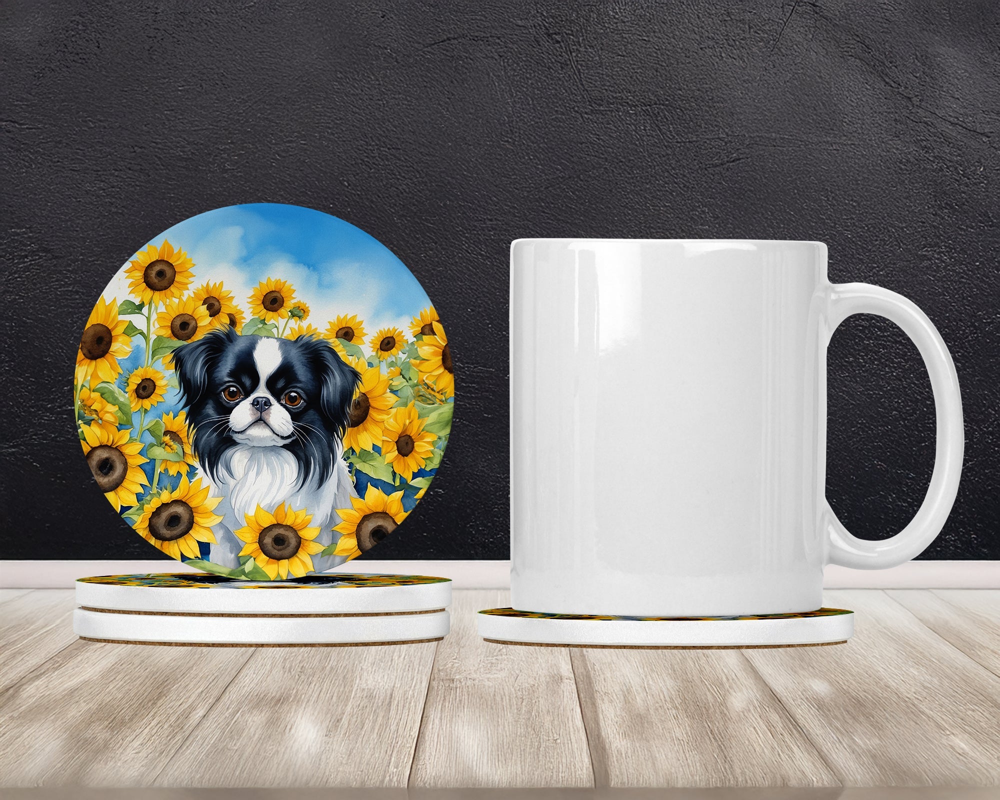 Japanese Chin in Sunflowers Large Sandstone Coasters Pack of 4 Absorbent Round Coasters Decor Gifts for Men or Women, 4 in, Multicolor