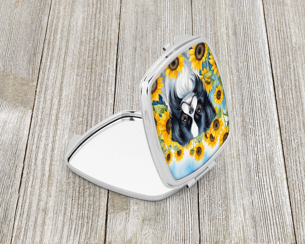 Japanese Chin in Sunflowers Compact Mirror Decorative Travel Makeup Mirror for Women Girls Gifts Pocket Makeup Mirror Folding Handheld